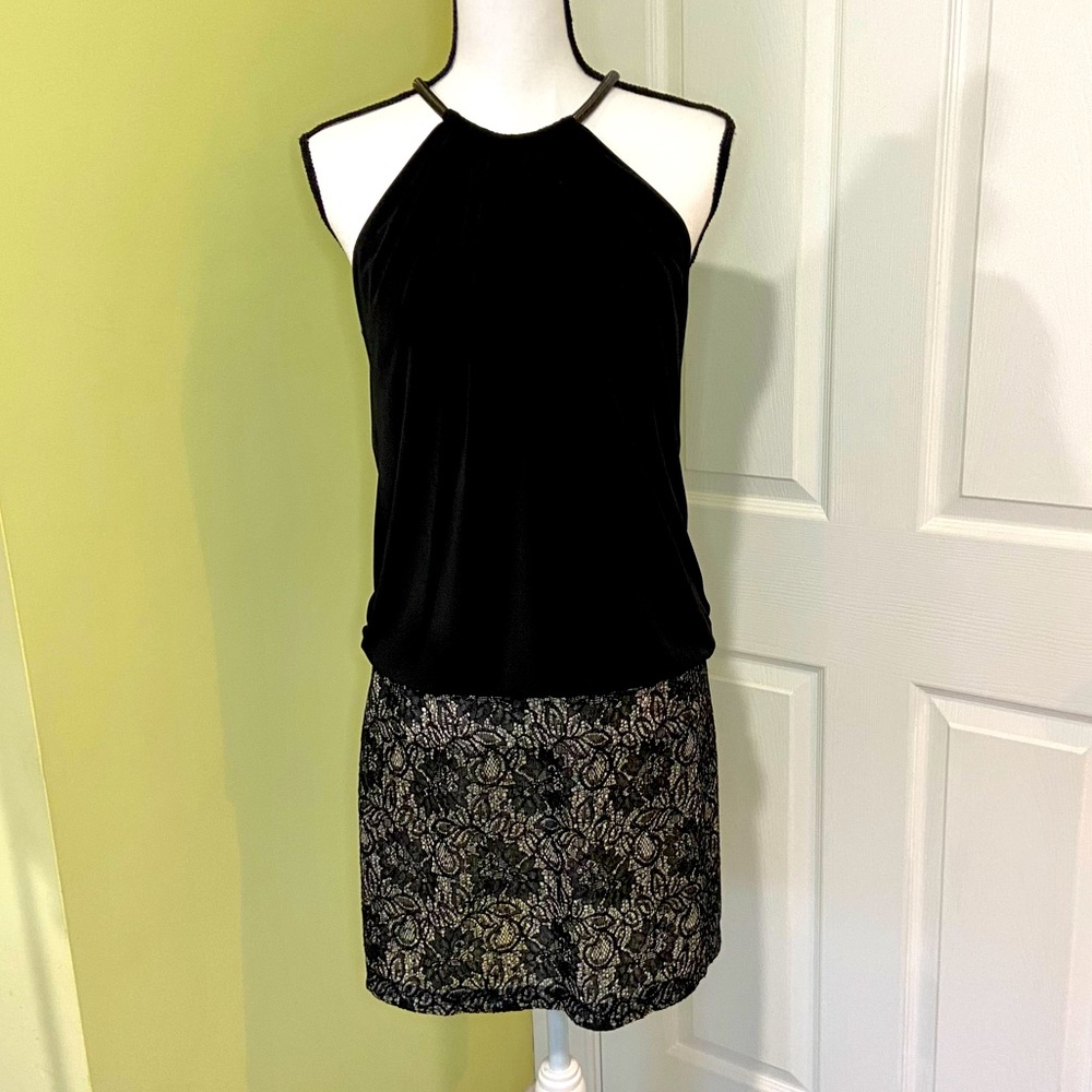 JESSICA SIMPSON Black Halter Blouson Dress with Silver Necklace Detail 6
